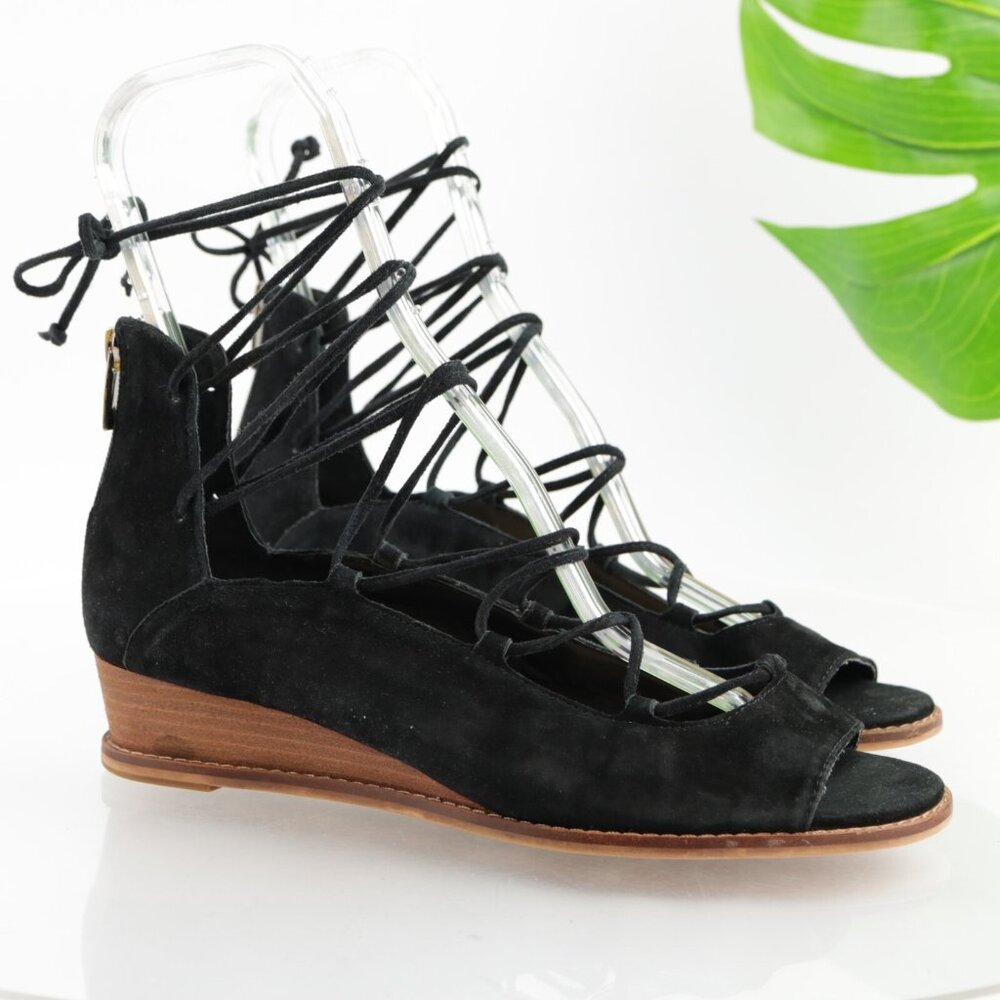 Vince Camuto Womens Rochela Sandal Size 9.5 Black Suede Ankle Lace Up Wedge Shoe